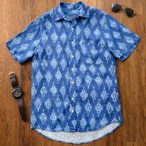 J. McLaughlin Blue Linen Print Short Sleeve Button-Down Shirt Size M